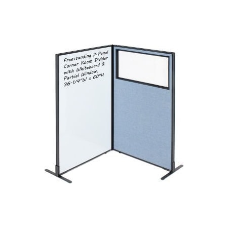 Global Equipment Interion    2-Panel Corner Room Divider with Whiteboard   Partial Window, 36-1/4"W x 60"H, Blue 695175BL